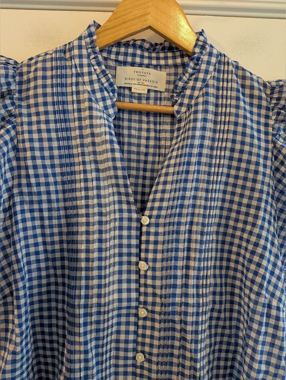 Trovata Birds of Paradise Marianne Shirt Gingham Button Up Blue White Size M NWT - Picture 4 of 16